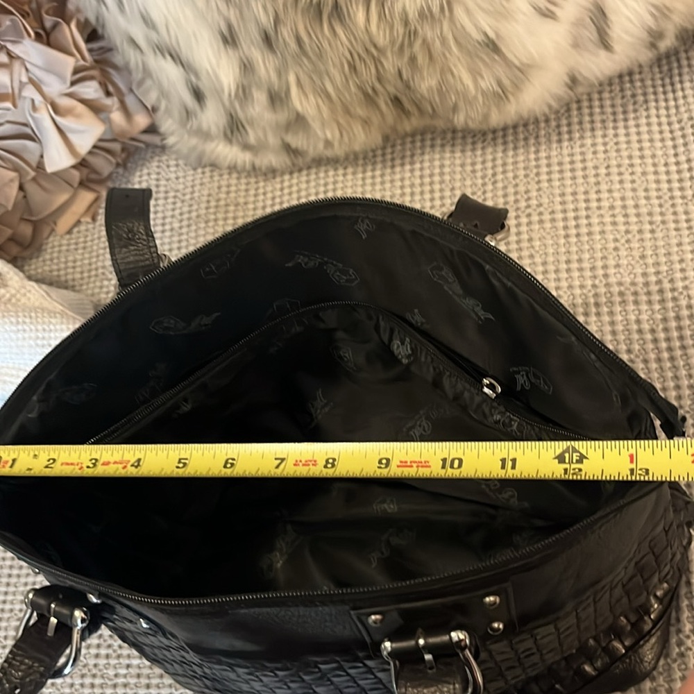 Valentina Italia Black Woven Leather Two Handle Zipper Laptop Tote Bag Purse - Picture 13 of 16